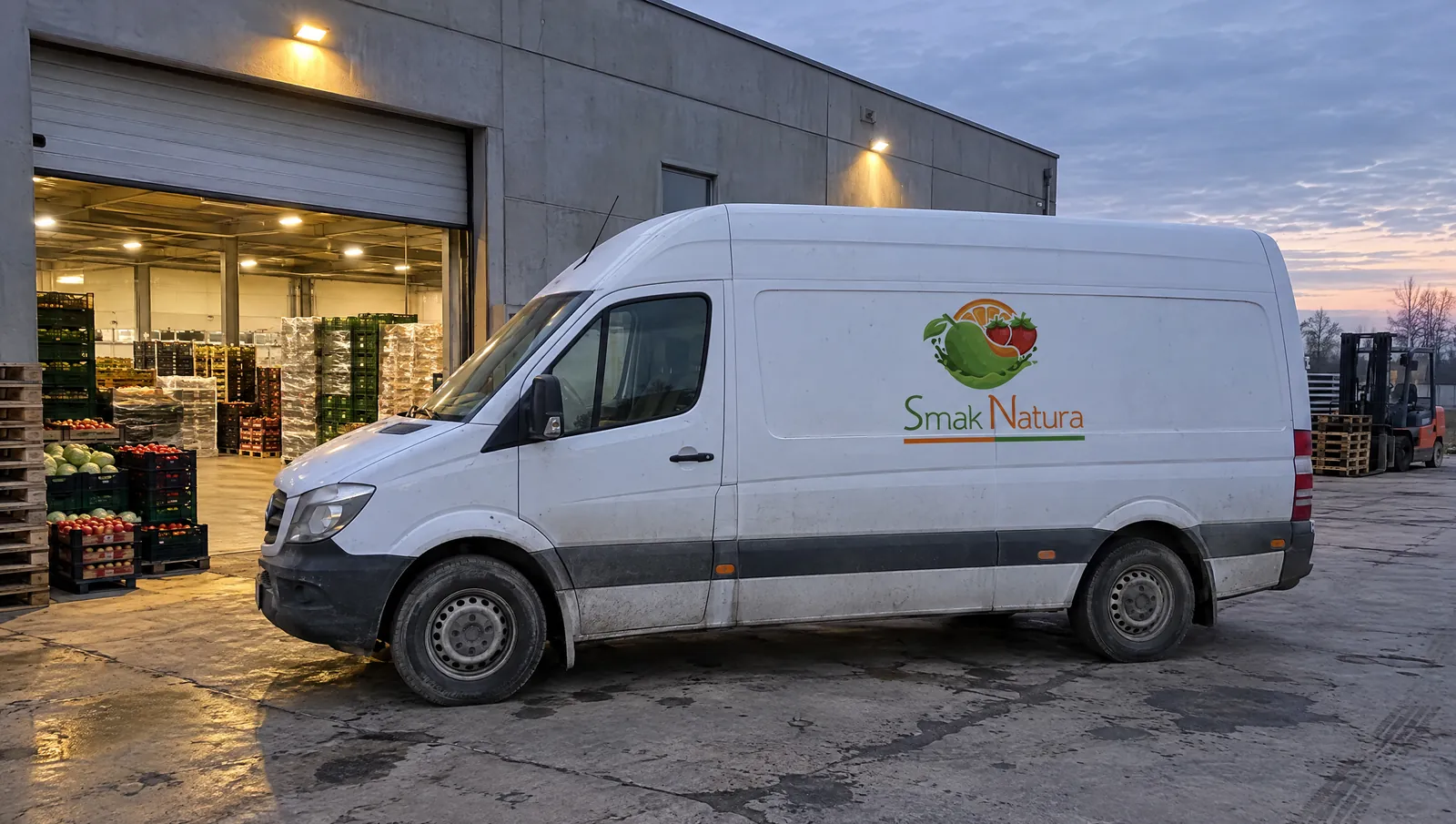Lieferwagen mit Smak Natura Logo vor dem beleuchteten Lager am frühen Morgen